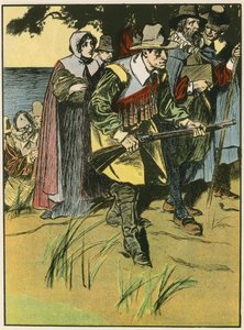 Pilgrimsfäderna på väg in i den nya världen (färglitografi) av Thomas Heath Robinson