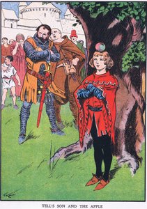 Wilhelm Tells son och äpplet (färglitografi) av Thomas Heath Robinson