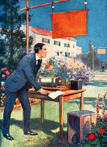 Trådlös telegrafi, ett av Marconis tidigaste experiment (färglitografi) av Thomas Heath Robinson