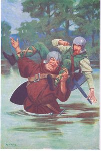Med ett ryck från sina stora händer skickade han den laglöse ut i strömmen (färglitografi) av Thomas Heath Robinson