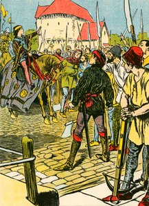 Unge kung Richard slår ner upproret (färglitografi) av Thomas Heath Robinson