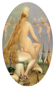 Fairy Seated on a Mushroom (olja på duk) av Thomas Heatherley
