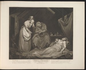 Ödmjuk piga besöker den döende lösaktiga pigan Tavla 9. The Wanton dieing in Poverty & Disease / Visited by the Modest Girl (titel på objekt) Virtue and Debauchery (serietitel) Diligence & Dissipation (serietitel på objekt)