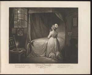 Blygsam piga ber i sitt sovrum Tavla 4. The Modest Girl in the Bed Chamber (titel på objekt) Virtue and Debauchery (serietitel) Diligence & Dissipation (serietitel på objekt)