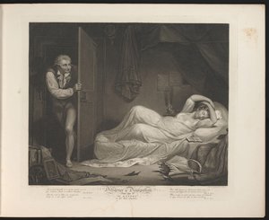Utsvävande hembiträde sover medan en man smyger sig in Plåt 3. The Wanton in the Bed Chamber (titel på objekt) Virtue and Debauchery (serietitel) Diligence & Dissipation (serietitel på objekt)