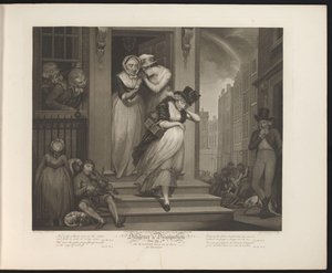 Upplösande hembiträde blir utslängd ur huset Tavla 5. The Wanton vände sig utanför dörrarna för tjänstefel (titel på objekt) Virtue and Debauchery (serietitel) Diligence & Dissipation (serietitel på objekt)