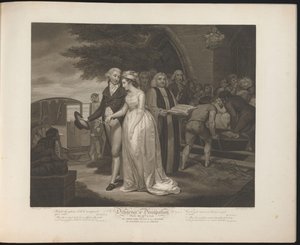 Nygift ödmjuk piga går till en vagn medan den utsvävade piga begravs Plåt 10. The Good Girl Married to her Master / The Wanton laid in her Grave (titel på objekt) Virtue and Debauchery (serietitel) Flit