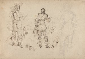 Sida med skisser av kavaljerer, hästhuvud och plymer av Thomas Henry Nicholson