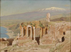 Utsikt över ruinerna av den grekiska teatern vid Taormina och Etna, Sicilien