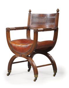 Sen viktoriansk mahogny X-Frame fåtölj, tillskriven Marsh, Jones & Cribb, efter design av Thomas Hope, ca 1880 (mahogny)