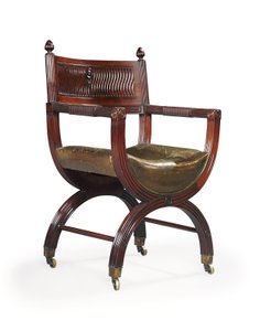 Sen viktoriansk mahogny X-Frame fåtölj, tillskriven Marsh, Jones & Cribb, efter design av Thomas Hope, ca 1880 (mahogny)