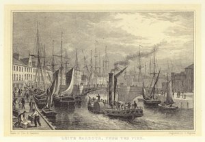 Leith Harbour, från piren (gravyr)