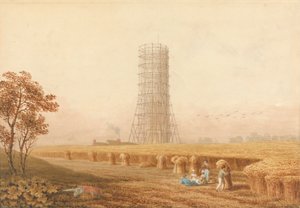 Bonapartes pelare i byggnadsställningar i Boulogne, Frankrike, med skördare på ett fält av Thomas Hosmer Shepherd