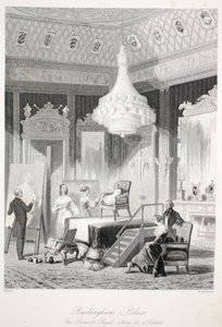 Buckingham Palace - The Princess Royal sitter för ett porträtt, från London Interiors med deras Costumes and Ceremonies pub. Joseph Mead, London, c.1843 stålgravyr av Thomas Hosmer Shepherd