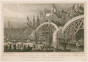 Byggandet av New London Bridge, 9 november 1827 av Thomas Hosmer Shepherd