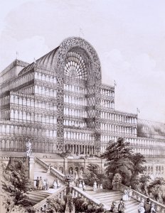 Crystal Palace vid Sydenham, framsidan av det stora tvärskeppet, c1854. av Thomas Hosmer Shepherd
