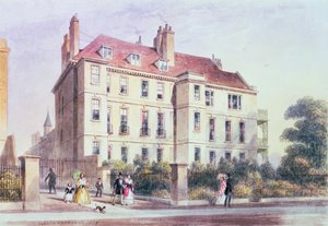 Ingång till Queen Square från parken, med utsikt över Jeremy Benthams hus av Thomas Hosmer Shepherd