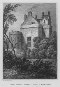 Merchiston Tower, nära Edinburgh (gravyr) av Thomas Hosmer Shepherd