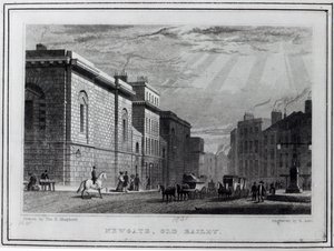 Newgate fängelse och Old Bailey, graverad av Robert Acon, 1831 av Thomas Hosmer Shepherd