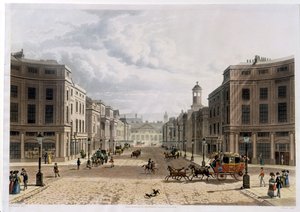 Regent Street, från Piccadilly, graverad av J. Bluck (fl.1791-1831), pub. 1822 av Ackermanns 