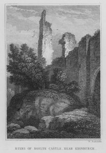 Ruinerna av Roslyn Castle, nära Edinburgh (gravyr) av Thomas Hosmer Shepherd