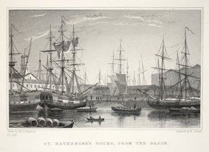 St Katherine Docks, från bassängen, Tower, från London och dess omgivningar i en pub på 1800-talet. Jones und Co., 1827-1829 av Thomas Hosmer Shepherd