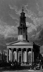 St Pancrass Church, västra framsidan, graverad av James Tingle 1827 av Thomas Hosmer Shepherd