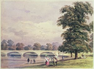Bron mellan Kensington Gardens och Hyde Park på Serpentine av Thomas Hosmer Shepherd