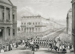 Wellingtons begravningsprocession förbi Senior United Service Club, Pall Mall. av Thomas Hosmer Shepherd