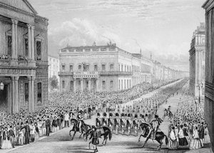Wellingtons begravningståg passerar Senior United Service Club, Pall Mall, London, 1852 av Thomas Hosmer Shepherd