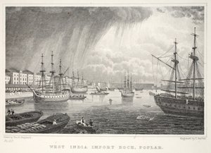 West India Docks, Isle of Dogs, från London och dess omgivningar i 1800-talets pub. Jones und Co., 1827-1829 av Thomas Hosmer Shepherd