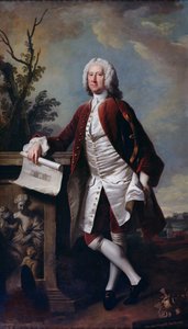 Porträtt av Theodore Jacobsen, arkitekt vid Foundling Hospital, visat med en teckning av västfronten, ca 1742