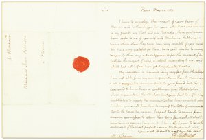 Autografbrev undertecknat som USA:s ambassadör i Frankrike, till Giovanni Fabbroni, Paris, 24 maj 1789