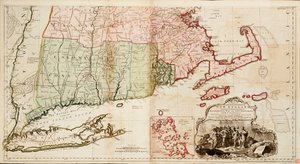 En karta över den mest bebodda delen av New England, innehållande provinserna Massachusetts Bay och New Hampshire med kolonierna Connecticut och Rhode Island