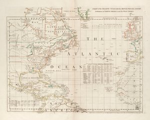 Karta över Atlanten, med de brittiska, franska och spanska bosättningarna i Nordamerika och Västindien