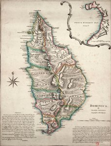 Färgkarta över Dominica med detaljerade geografiska observationer, ca 1760 (handkolorerad gravyr) av Thomas Jefferys