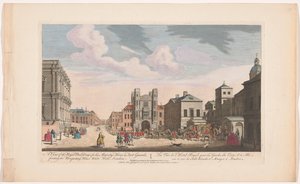Visa på Banqueting House en Horse Guards Building i London En vy av de kungliga byggnaderna, för Hans Majestäts häst- och fotvakter, framför Banqueting House White Hall, London (titel på objektet)