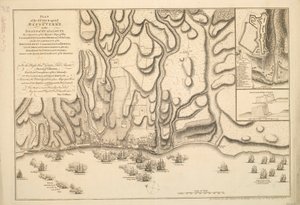 PLAN FÖR ANFALLET mot BASSETERRE på ön GUADALOUPE av en eskader av hans majestäts krigsfartyg under befäl av kommendör MOORE den 22 januari 1759. även den BRITISH ARMY