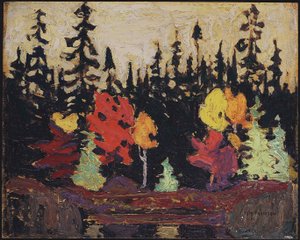 Svart gran och lönn, 1915 (olja på träpanel) av Tom Thomson