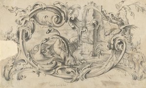 Design för en surfplatta för ett skorstensstycke med två svanar i strid, innesluten i en rulla..., 1762.