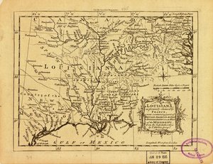 Louisiana, som tidigare hävdades av Frankrike, som nu innehåller en del av Brittiska Amerika österut och Spanska Amerika väster om Mississippi. LOC 77690498