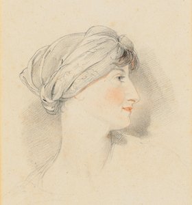 Porträtthuvud av Mrs Jens Wolff, i profil till höger, iförd turban (penna, svart och röd krita) av Thomas Lawrence