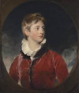 Porträtt av Frederick William Stewart, 4:e markisen av Londonderry, K.P., M.P. (1805-1872) när en pojke, halvlång, i röd rock, i låtsad oval (olja på duk) av Thomas Lawrence