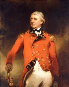 Porträtt av general James Stuart stående tre fjärdedels längd, iklädd en röd uniform med guldgroda, av Thomas Lawrence