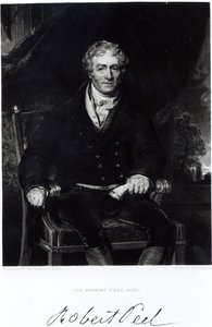 Porträtt av Sir Robert Peel (1788-1850), graverad av H, Robinson (gravyr) (bw foto) av Thomas Lawrence