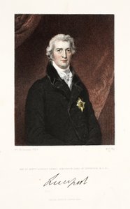 The Right Honourable Robert Banks Jenkinson, Earl of Liverpool, K.G. und C., pub. 1830 (handkolorerat gravyr) av Thomas Lawrence