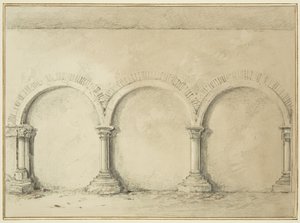 Valv och kolumner i Mereweathers lokaler mellan Nicholas Street och Corn Street (penna och akvarell på papper) av Thomas Leeson the Elder Rowbotham
