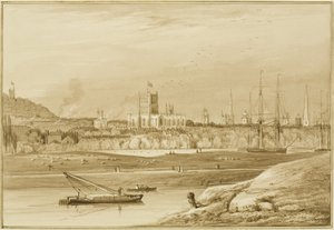 Bristol från Coronation Road med Cumberland Road, New Cut och utsikt över kyrkorna i Bristol av Thomas Leeson the Elder Rowbotham