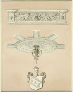 Detaljer om rummet i Law Library, inklusive centralt takhänge och taklist (penna och akvarell på papper) av Thomas Leeson the Elder Rowbotham