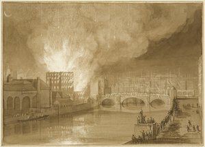 Brand vid Old Sugar House, Tucker Street av Thomas Leeson the Elder Rowbotham